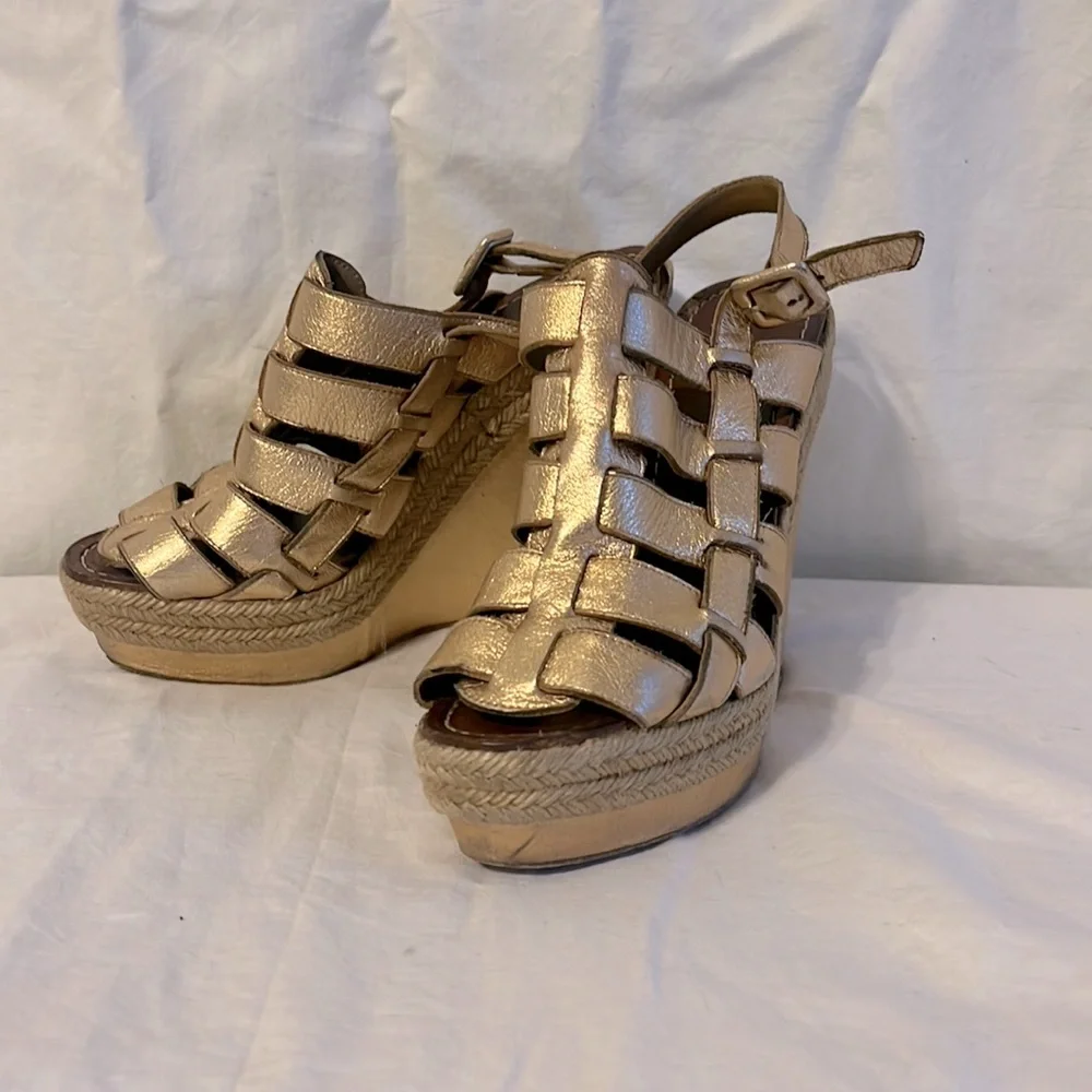 Christian Louboutin Barcelona 120 Espadrille Gold Strappy Wedge Heel Sandal 37